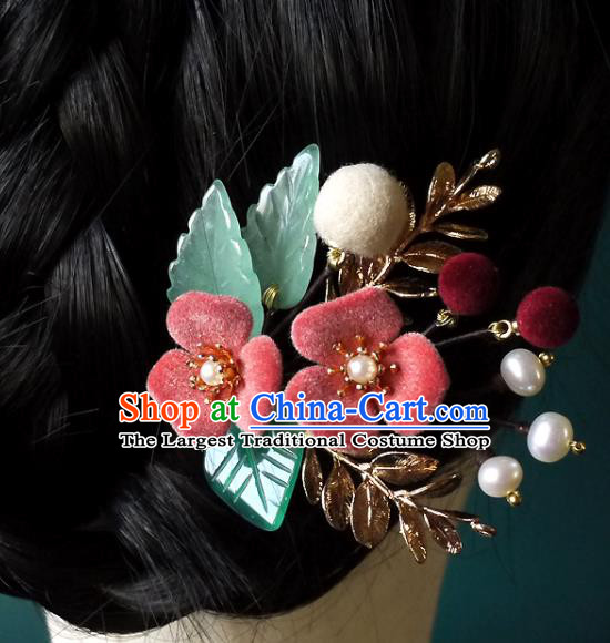 Chinese Ancient Noble Lady Pearls Hairpin Traditional Ming Dynasty Pink Flower Hair Stick