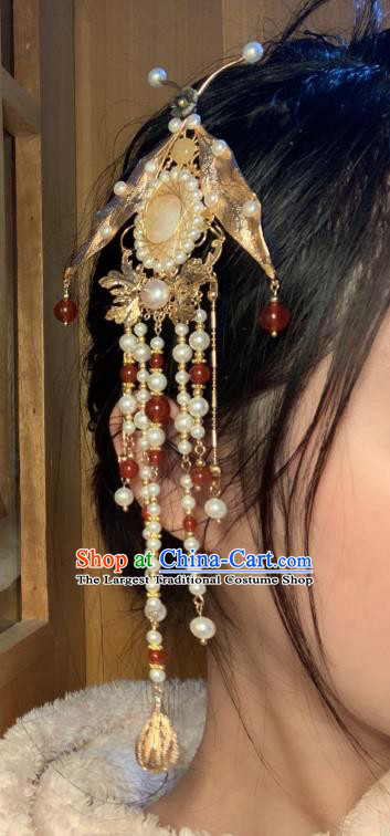 China Handmade Pearls Tassel Hairpin Traditional Ming Dynasty Hair Accessories Ancient Princess Golden Moth Hair Stick