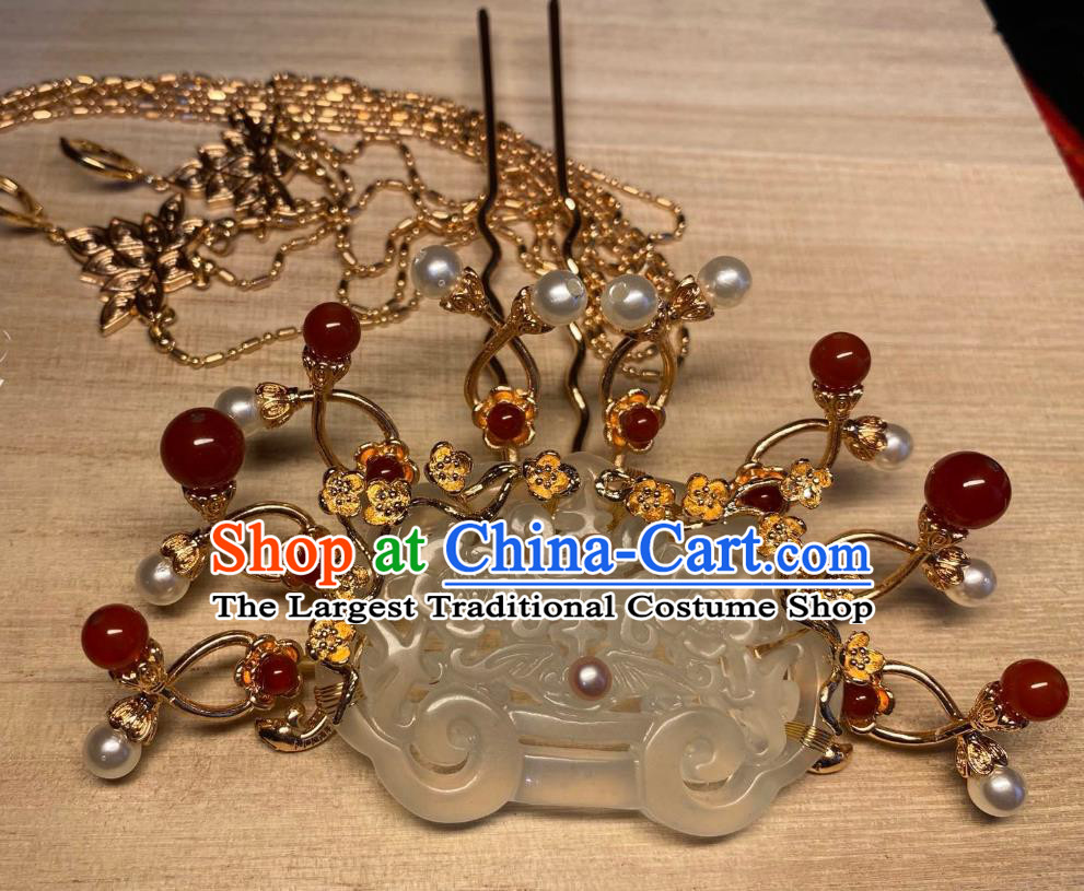 China Handmade Jade Lock Hairpin Traditional Ming Dynasty Hair Accessories Ancient Empress Golden Plum Hair Comb