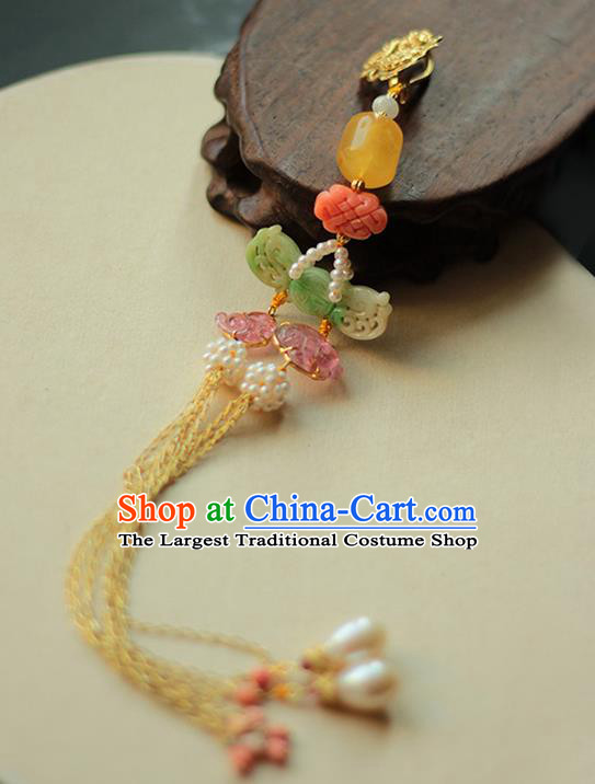 Chinese Traditional Cheongsam Jade Tassel Pendant Ancient Qing Dynasty Court Woman Pearls Brooch Accessories
