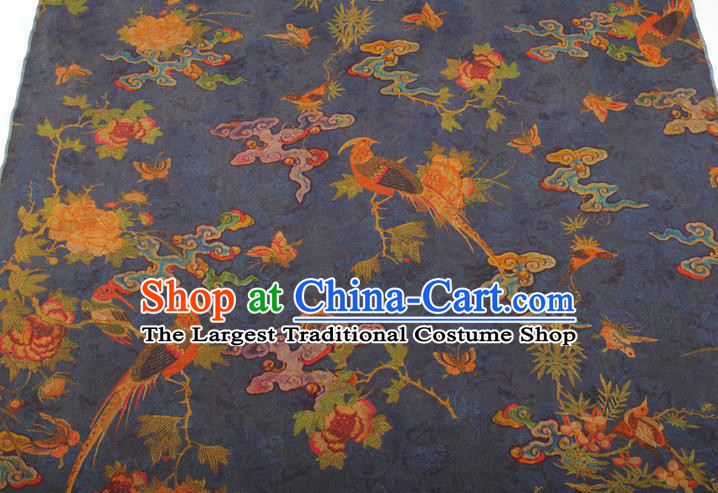 China Classical Cheongsam Birds Pattern Brocade Traditional Silk Fabric Blue Gambiered Guangdong Gauze