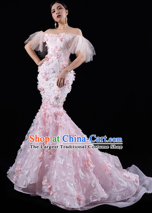 Top Grade Catwalks Compere Pink Flowers Trailing Dress Stage Show Clothing Annual Meeting Off Shoulder Full Dress