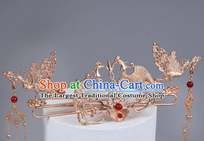 China Ancient Princess Hair Crown and Golden Phoenix Hairpins Traditional Wedding Hair Accessories