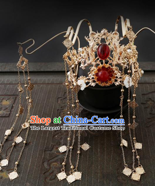 China Ancient Princess Golden Tassel Hair Crown Traditional Wedding Hanfu Headdress