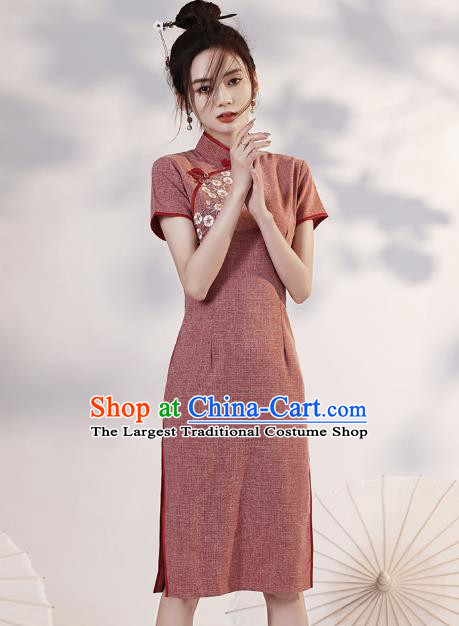 Chinese Embroidered Rust Red Cheongsam Clothing Modern Dance Short Qipao Dress
