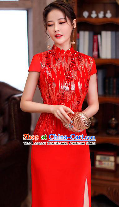 Chinese Stage Show Embroidery Sequins Qipao Dress Catwalks Costume Modern Red Cheongsam