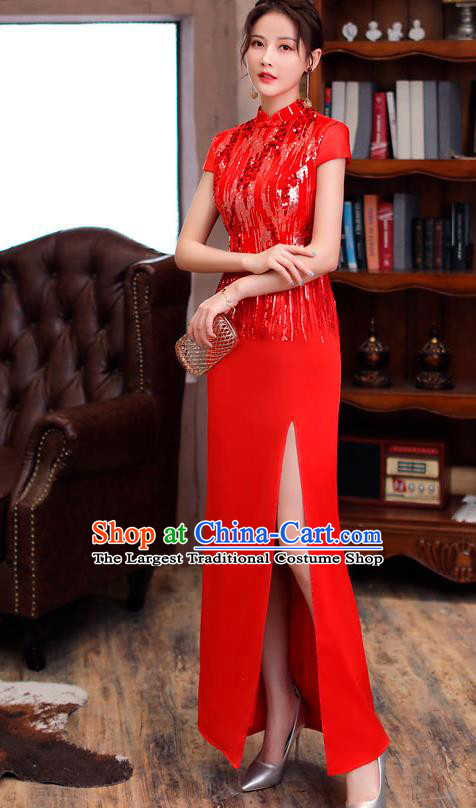 Chinese Stage Show Embroidery Sequins Qipao Dress Catwalks Costume Modern Red Cheongsam