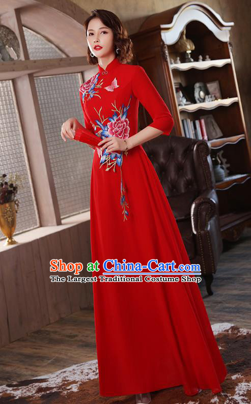 Chinese Stage Show Embroidery Peony Red Qipao Dress Catwalks Costume Classical Dance Cheongsam