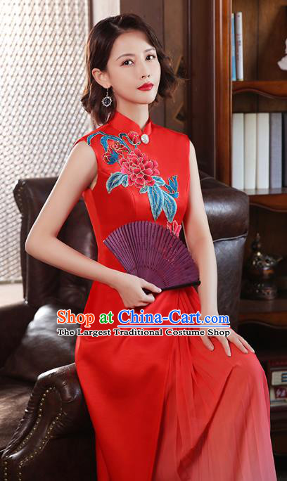 Chinese Classical Dance Cheongsam Stage Show Embroidery Peony Red Satin Qipao Dress Catwalks Costume