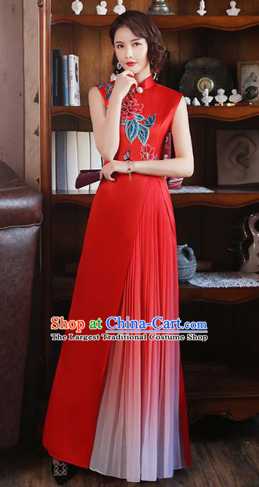 Chinese Classical Dance Cheongsam Stage Show Embroidery Peony Red Satin Qipao Dress Catwalks Costume