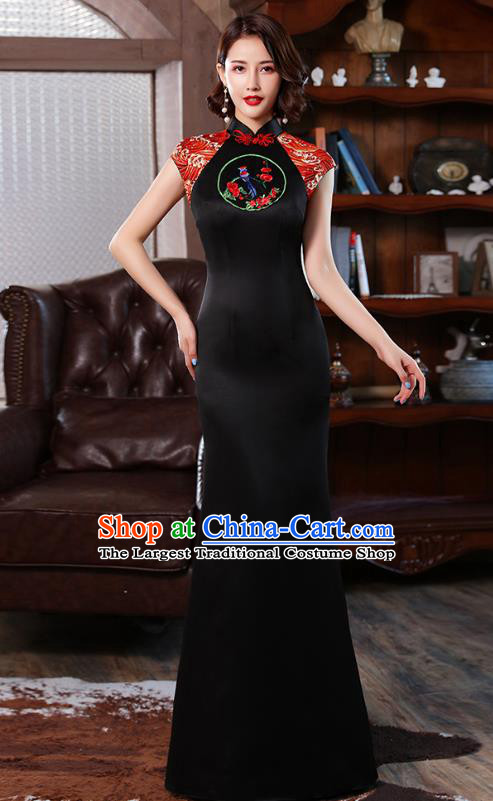 Chinese Embroidery Black Cheongsam Modern Catwalks Costume Stage Show Qipao Dress