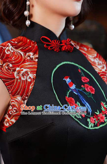 Chinese Embroidery Black Cheongsam Modern Catwalks Costume Stage Show Qipao Dress