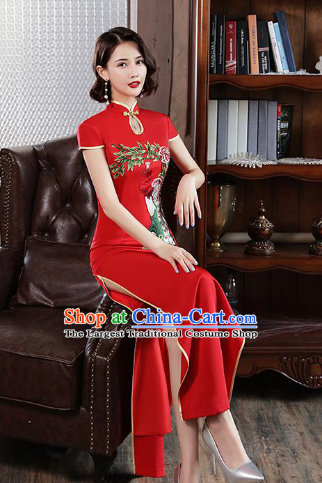 Chinese Stage Show Red Qipao Dress Embroidery Peacock Peony Cheongsam Modern Catwalks Costume
