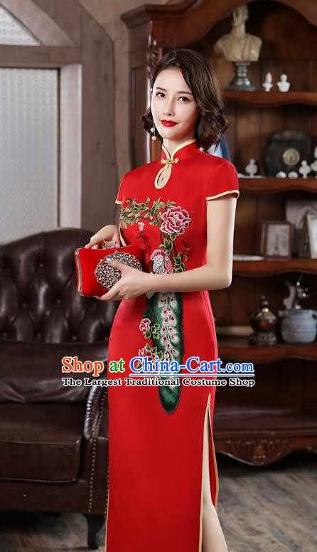 Chinese Stage Show Red Qipao Dress Embroidery Peacock Peony Cheongsam Modern Catwalks Costume