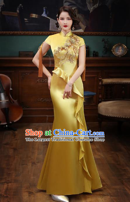 Chinese Catwalks Modern Dance Costume Stage Show Fishtail Qipao Dress Embroidery Golden Satin Cheongsam