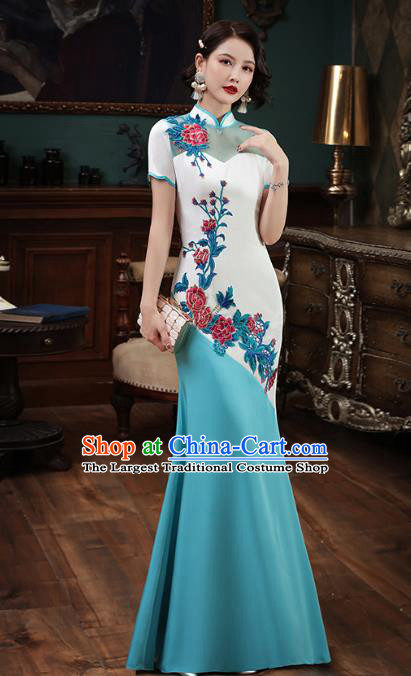Chinese Embroidery Blue Fishtail Cheongsam Catwalks Modern Dance Costume Stage Show Qipao Dress