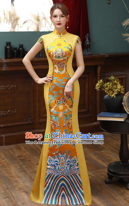 Chinese Stage Show Fishtail Qipao Dress Golden Brocade Cheongsam Modern Catwalks Costume