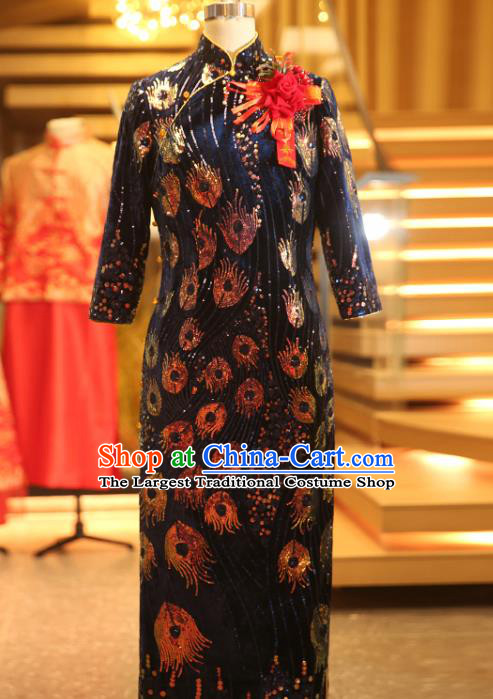 Chinese Wedding Elderly Woman Velvet Cheongsam Traditional Mother Navy Qipao Dress