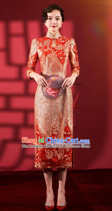 Chinese Bride Qipao Dress Clothing Traditional Wedding Embroidered Red Brocade Cheongsam