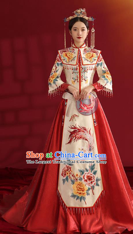 China Classical Embroidered Phoenix Peony Wedding Dress Traditional Bride Xiuhe Suit Costumes