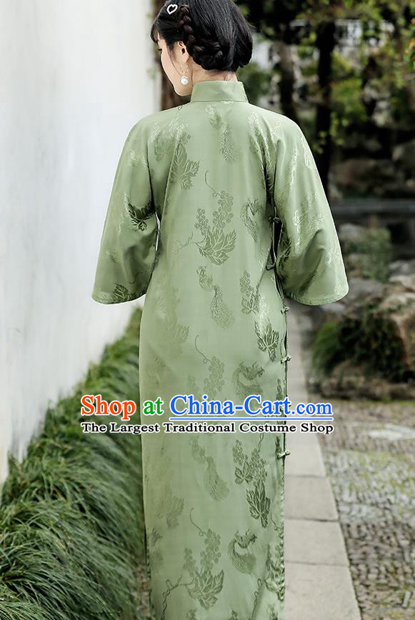 Republic of China Traditional Grape Pattern Green Silk Qipao Dress National Young Woman Wide Sleeve Cheongsam