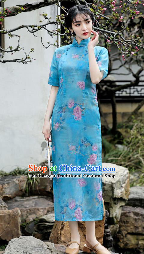 Republic of China National Young Woman Cheongsam Traditional Printing Peony Blue Flax Qipao Dress