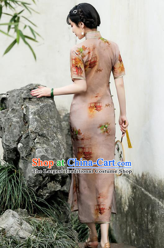 Republic of China Traditional Printing Apricot Flax Qipao Dress National Young Lady Cheongsam
