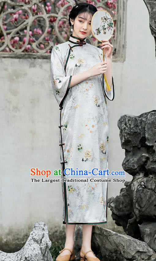 Republic of China Traditional Printing White Qipao Dress National Young Lady Wide Sleeve Cheongsam