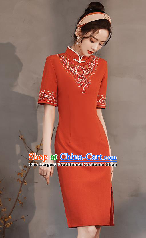 Chinese Stand Collar Cheongsam Clothing Modern Dance Young Lady Embroidered Red Qipao Dress