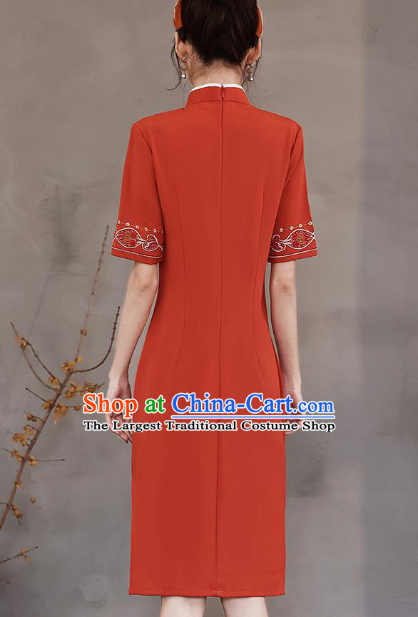 Chinese Stand Collar Cheongsam Clothing Modern Dance Young Lady Embroidered Red Qipao Dress