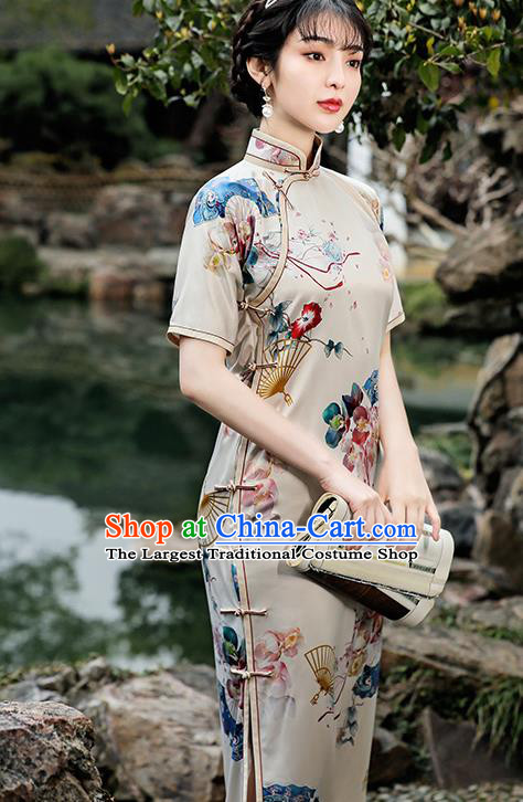 Republic of China Traditional Stand Collar Qipao Dress National Young Lady Printing Fan Cheongsam