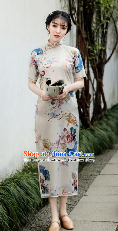 Republic of China Traditional Stand Collar Qipao Dress National Young Lady Printing Fan Cheongsam