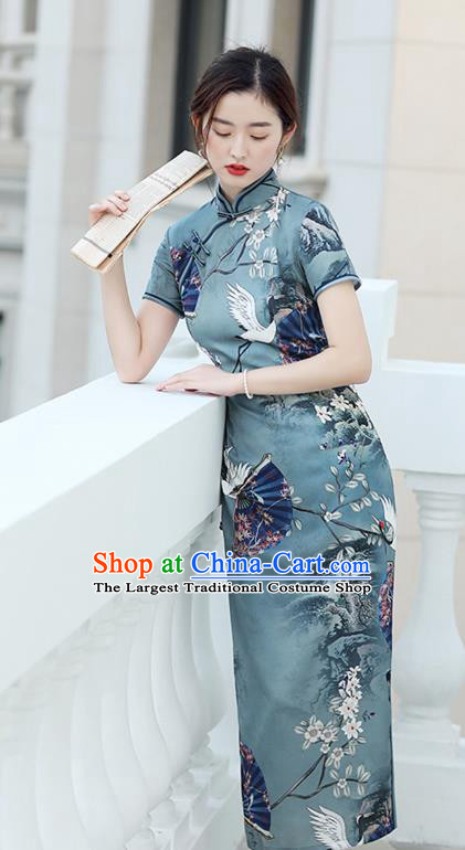Republic of China National Printing Crane Blue Cheongsam Traditional Shanghai Young Lady Qipao Dress