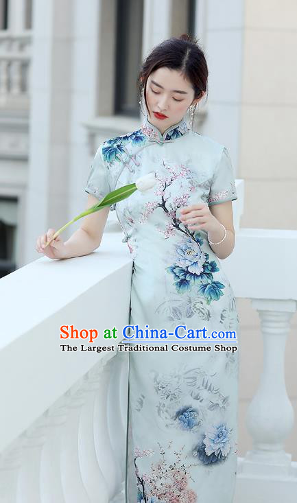 Republic of China National Light Blue Cheongsam Traditional Shanghai Young Lady Printing Peony Qipao Dress