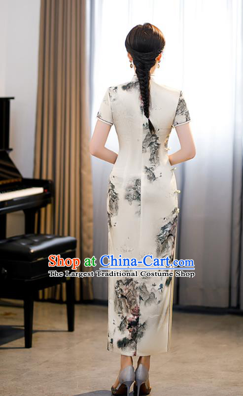Republic of China National Young Lady Beige Cheongsam Traditional Shanghai Printing Landscape Qipao Dress