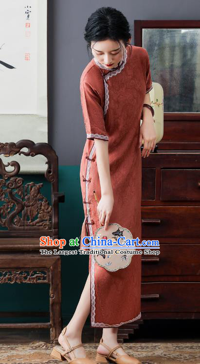 Republic of China National Orange Cheongsam Traditional Shanghai Young Lady Lace Collar Qipao Dress