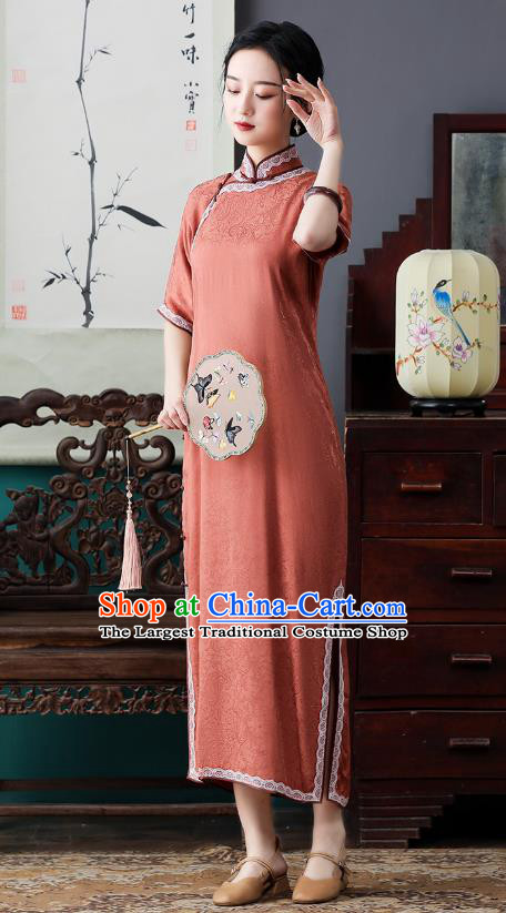 Republic of China National Orange Cheongsam Traditional Shanghai Young Lady Lace Collar Qipao Dress