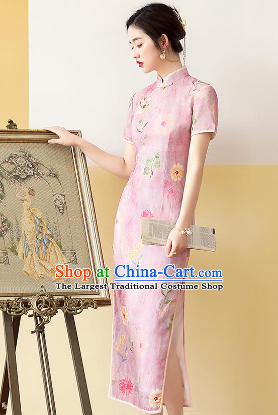Republic of China National Printing Pink Flax Cheongsam Traditional Young Lady Classical Dance Qipao Dress
