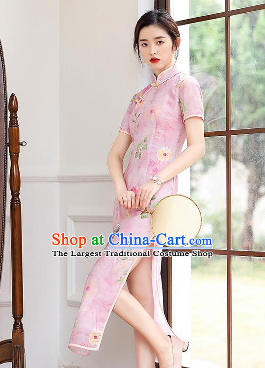 Republic of China National Printing Pink Flax Cheongsam Traditional Young Lady Classical Dance Qipao Dress