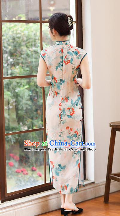 Republic of China National Printing Flowers White Ramine Cheongsam Traditional Young Lady Long Qipao Dress