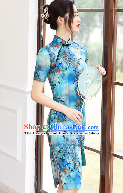 Republic of China National Printing Butterfly Blue Ramine Cheongsam Traditional Young Lady Short Qipao Dress