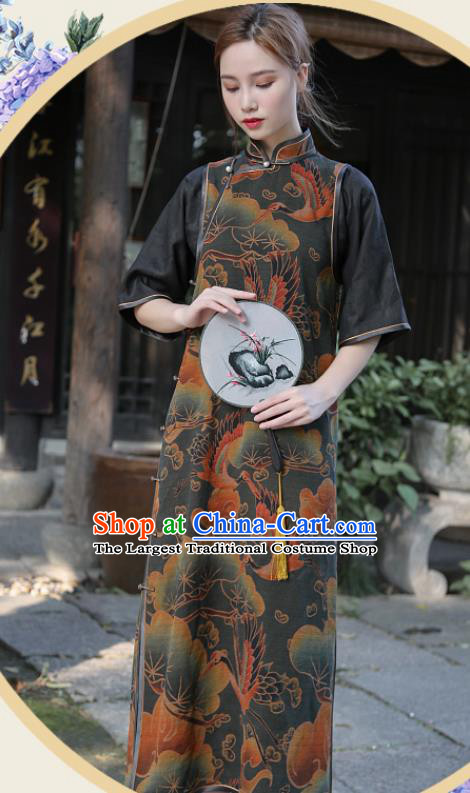 Republic of China National Printing Cranes Black Silk Cheongsam Traditional Gambiered Guangdong Gauze Qipao Dress