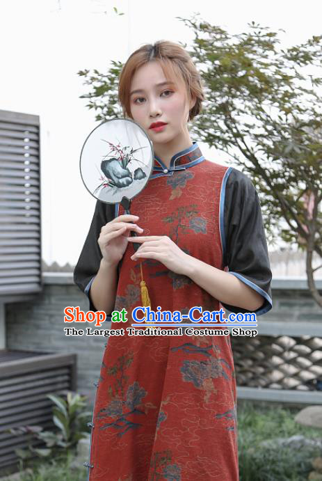 Republic of China National Gambiered Guangdong Gauze Cheongsam Traditional Young Lady Red Silk Qipao Dress