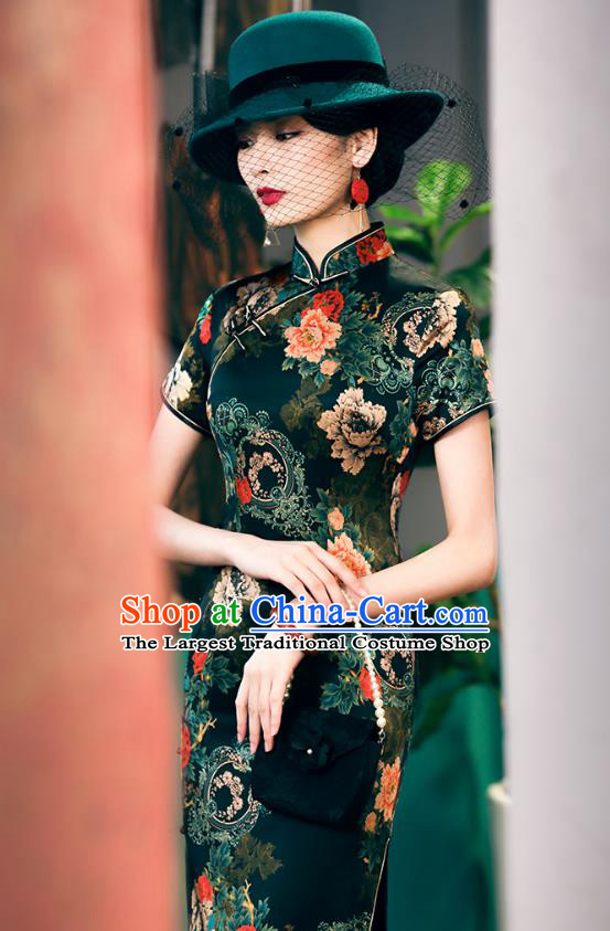 China National Young Lady Cheongsam Traditional Printing Peony Silk Qipao Dress