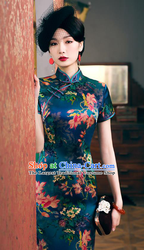 China Classical Mangnolia Pattern Cheongsam Traditional Shanghai Young Lady Blue Silk Qipao Dress