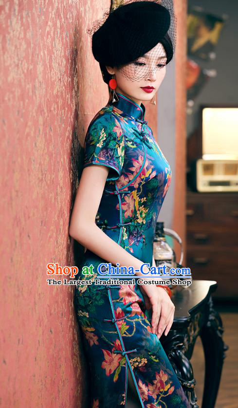 China Classical Mangnolia Pattern Cheongsam Traditional Shanghai Young Lady Blue Silk Qipao Dress