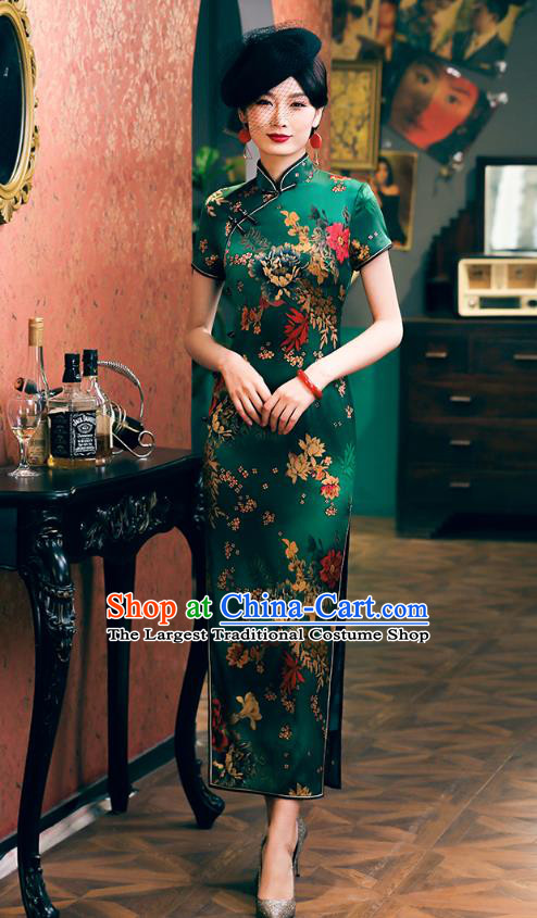China Classical Dance Performance Cheongsam Traditional Shanghai Young Lady Green Silk Qipao Dress