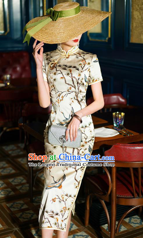China Classical Crane Pattern Cheongsam Traditional Shanghai Young Concubine Beige Silk Qipao Dress