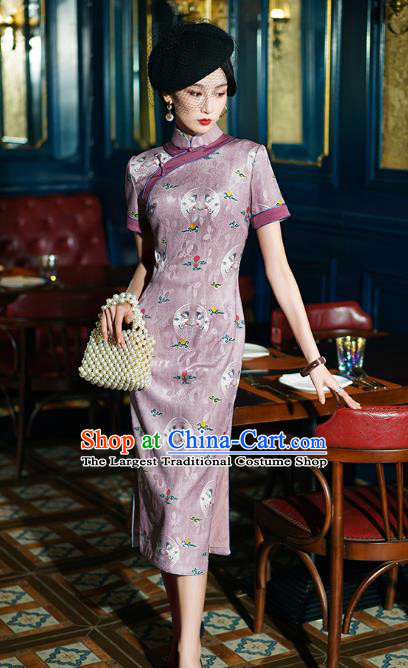 China Traditional Minguo Shanghai Young Lady Printing Crane Lilac Qipao Dress Classical Stand Collar Cheongsam