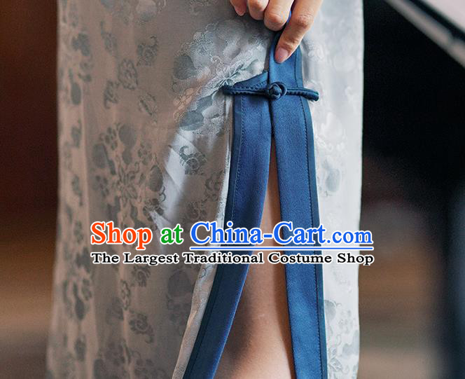 China Traditional Minguo Mandarin Sleeve Qipao Dress Classical Embroidered Blue Silk Cheongsam
